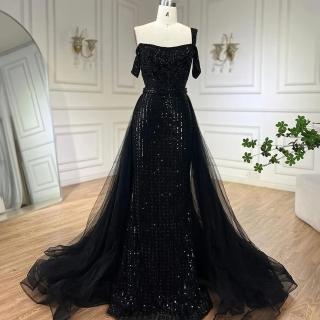 【女神婚紗禮服】輕奢亮片串珠一字單肩無袖紗罩魚尾修身晚禮服LA72453午夜黑(選美宴會敬酒 高階晚禮服)