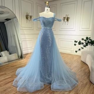 【女神婚紗禮服】輕奢亮片串珠一字單肩無袖紗罩魚尾修身晚禮服LA72453粉嫩藍(選美宴會敬酒 高階晚禮服)