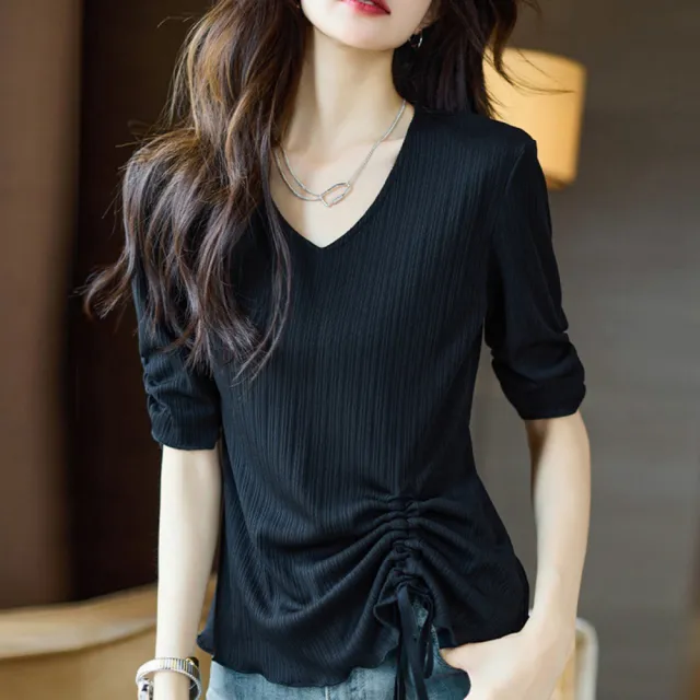 【Paiya 派亞】夏季新款設計感上衣黑色顯瘦抽褶領短袖恤小衫(M-3XL)