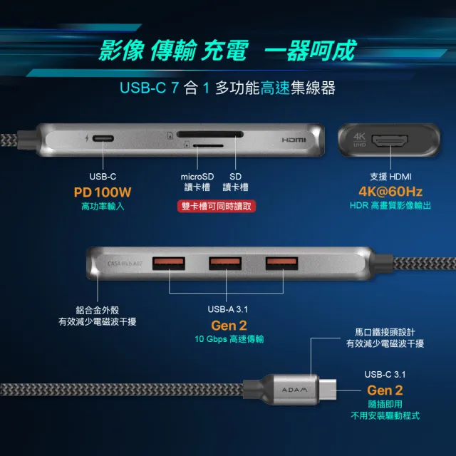 【ADAM 亞果元素】CASA HUB A07 USB-C 3.1 Gen2 七合一多功能高速集線器