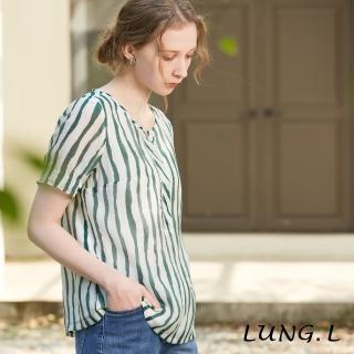 【LUNG.L 林佳樺】LN84A 白綠直條紋剪接蕾絲短袖上衣