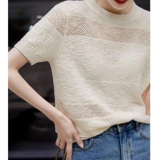 【LANNI 藍尼】★圓領鏤空針織氣質上衣(上衣/女裝/T恤/休閒/百搭)