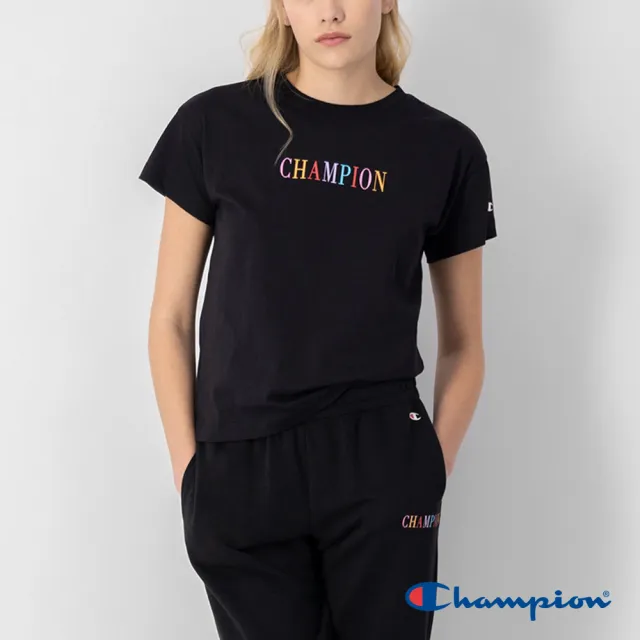 【Champion】官方直營-純棉拼色LOGO印花短袖TEE-女(黑色)