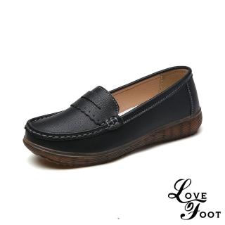 【LOVE FOOT 樂芙】真皮休閒鞋 一字休閒鞋/真皮百搭花邊一字造型樂福休閒鞋(黑)