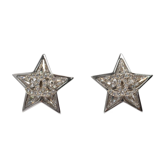 CHANEL 香奈兒 經典水鑽雙C LOGO五角星星造型穿式耳環(金色ABA911-OR)