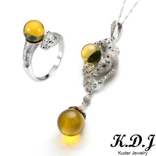 【K.D.J 圓融珠寶】天然藍珀豹子頭戒墜套組
