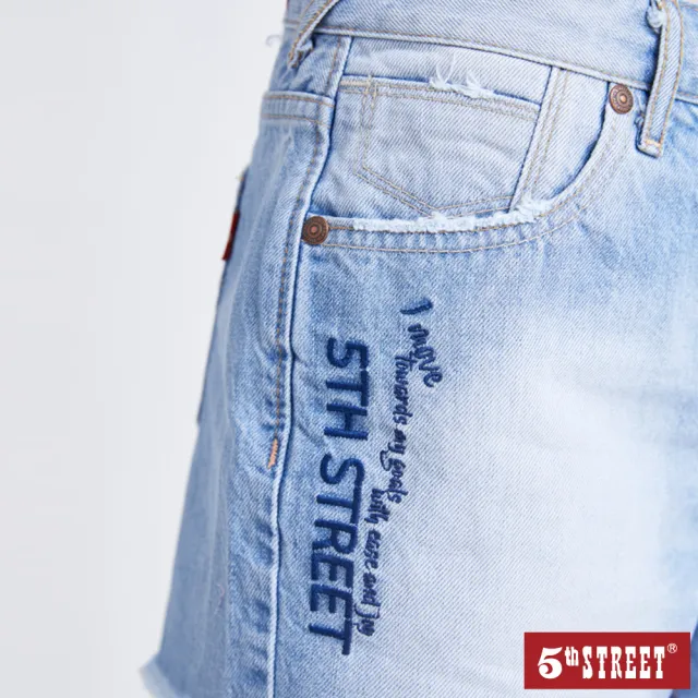 【5th STREET】女復古側邊刺繡微寬牛仔短褲-漂淺藍