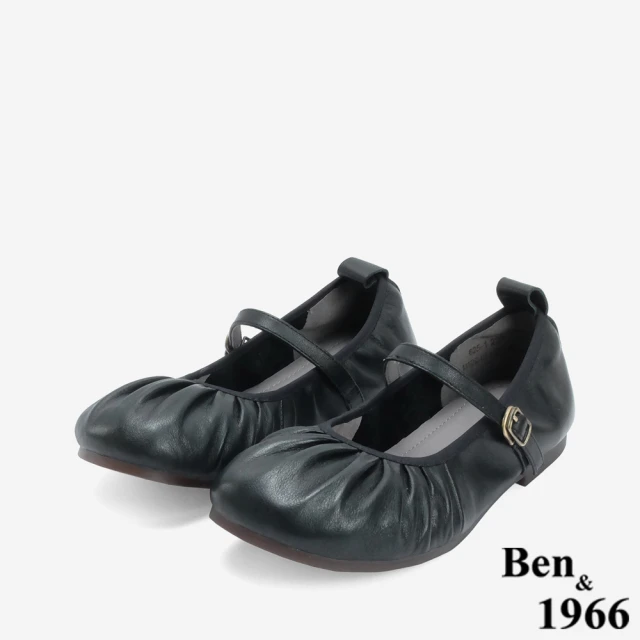 Ben&1966 高級頭層牛皮圓頭抓皺舒適瑪莉珍鞋-24625