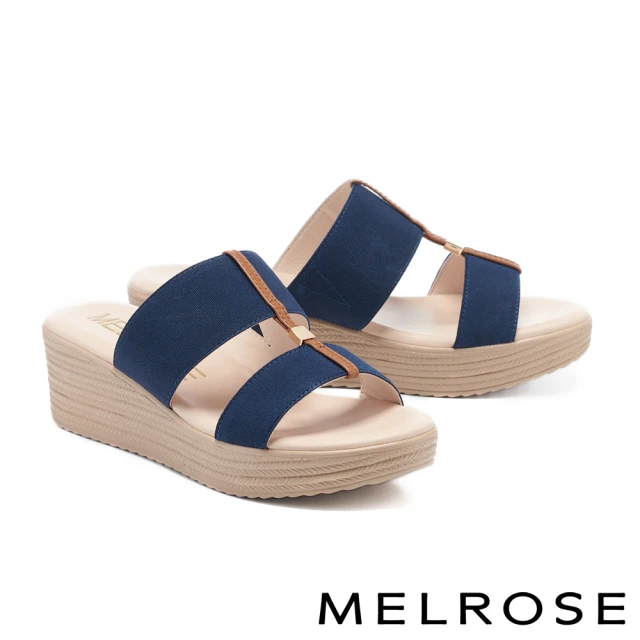 【MELROSE】美樂斯 夏日輕旅 清新寬版彈力繫帶楔型厚底拖鞋(深藍)