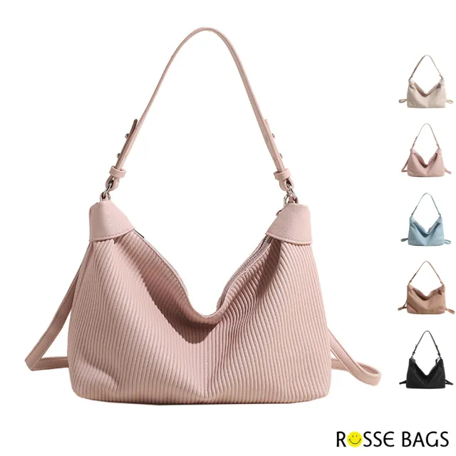 【Rosse Bags】復古新款條紋大容量肩背水桶包(現+預  白色 / 粉色 / 藍色 / 卡其色 / 黑色)