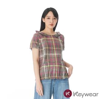 【KeyWear 奇威名品】輕薄舒適荷葉邊格紋短袖上衣