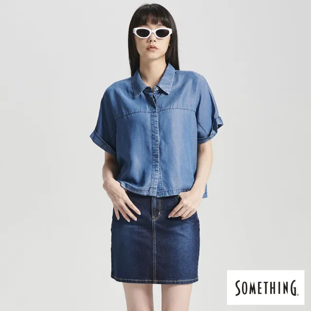 【SOMETHING】女裝 天絲牛仔短版短袖襯衫(中古藍)