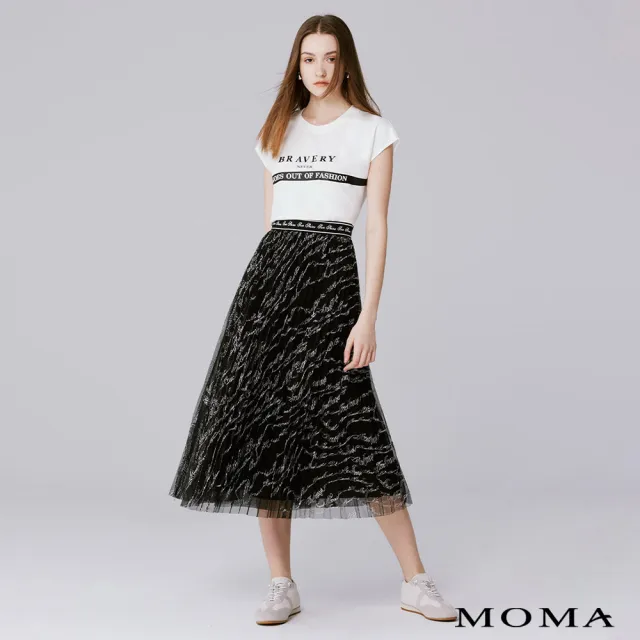 【MOMA】草寫字母網紗壓褶裙(黑色)