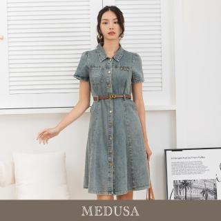 【MEDUSA 曼度莎】現貨-ICare 愛心釦飾襯衫牛仔洋裝（附皮帶）（M-XL）｜短洋裝 襯衫洋裝(306-62706)