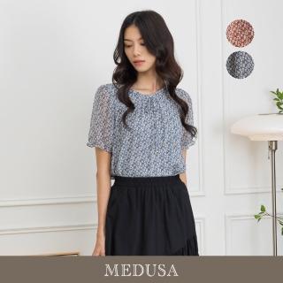 【MEDUSA 曼度莎】現貨-小白花雪紡捲邊領口上衣 - 2色（M-2L）｜女雪紡上衣 短袖上衣(301-52401)