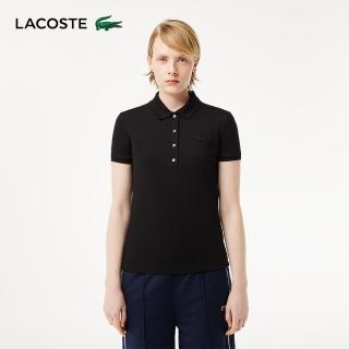 【LACOSTE】女裝-修身彈性棉質網眼短袖Polo衫(黑色)