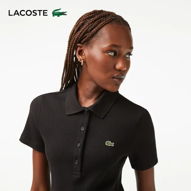 【LACOSTE】女裝-有機棉Polo領短袖洋裝(黑色)