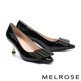 【MELROSE】美樂斯 氣質蝴蝶結斜釦光感牛皮小方頭高跟鞋(黑)