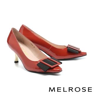 【MELROSE】美樂斯 氣質蝴蝶結斜釦光感牛皮小方頭高跟鞋(橘紅)