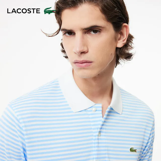【LACOSTE】男裝-L.12.12 條紋棉質短袖 Polo 衫(淺藍/白色)