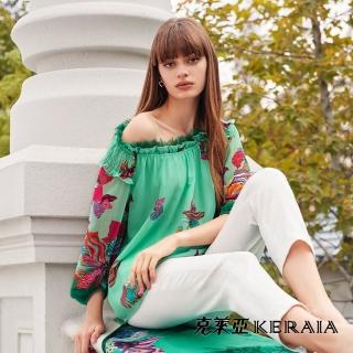 【KERAIA 克萊亞】黛綠仙境荷葉領花卉印花雪紡上衣