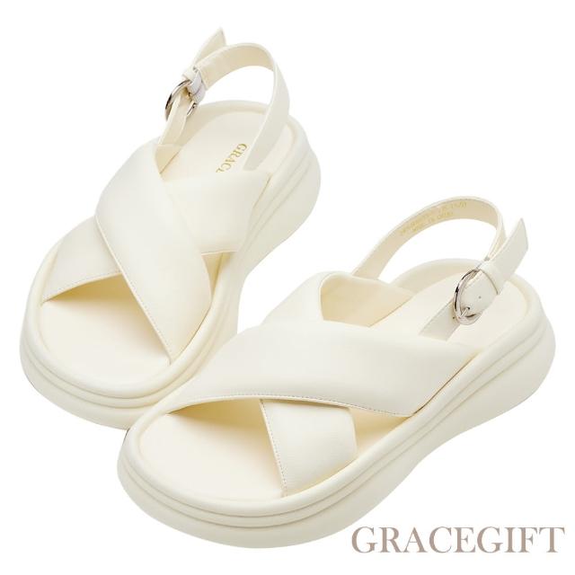 【Grace Gift】交叉Q彈寬帶澎澎厚底涼鞋(米白)