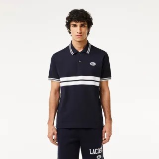 【LACOSTE】男裝-原創L.12.12徽章條紋短袖Polo衫(深藍色)