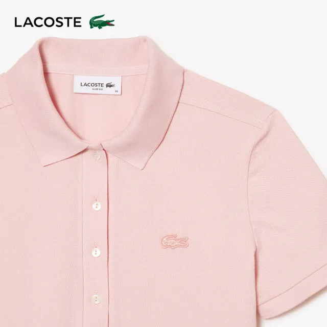 【LACOSTE】女裝-緊身彈性棉短袖Polo衫(粉紅色)