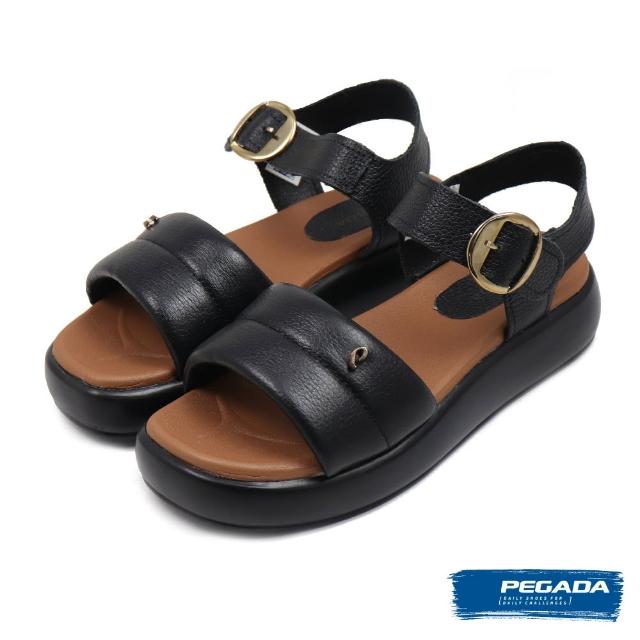 【PEGADA】可調式扣環軟墊厚底皮質涼鞋 黑色(233704-BL)