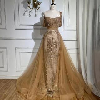 【女神婚紗禮服】輕奢亮片串珠一字單肩無袖紗罩魚尾修身晚禮服LA72453奶茶金(選美宴會敬酒 高階晚禮服)
