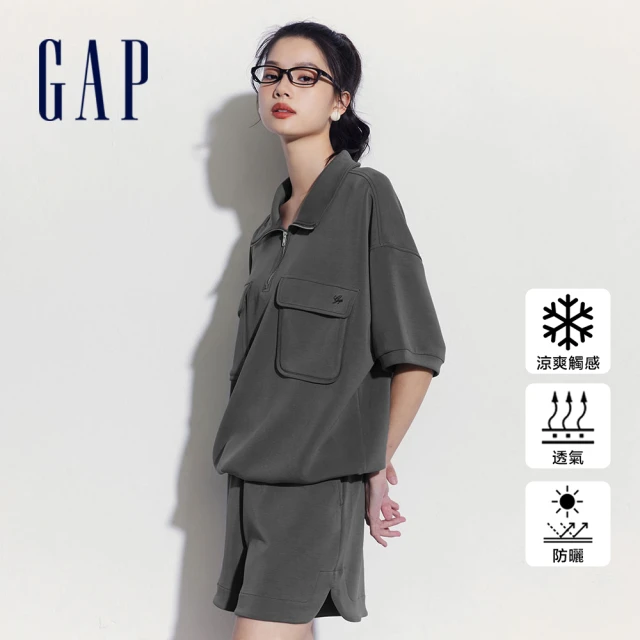 GAP 女裝 Logo防曬立領短袖T恤-黑灰色(520595