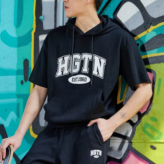 【Hang Ten】男裝-韓國同步款-HGTN印花寬版連帽短袖上衣(多色選)