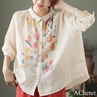 【ACheter】原創文藝棉麻感印花襯衫薄款寬鬆大碼遮肉七分袖防曬外罩短版#122244(白/粉紅/黃/杏)