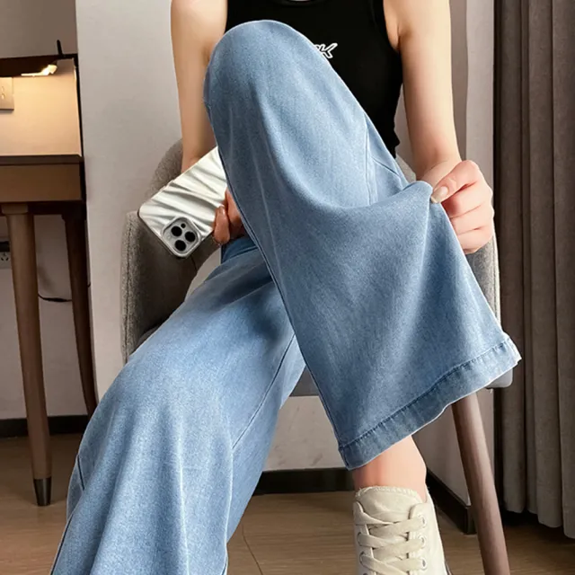 【ACheter】薄款天絲感牛仔九分顯瘦寬鬆鬆緊腰大碼闊腿拼接長褲#121797(藍/深藍)