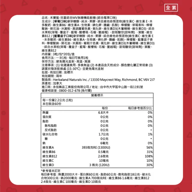 【永信藥品】禾寶藍兒童綜合MV無糖機能軟糖(20包/盒  植物果膠 兒童  加拿大 全素可食)