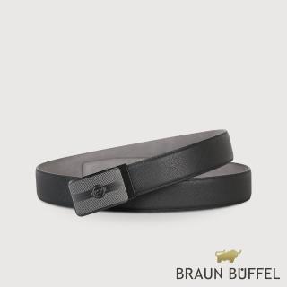 【BRAUN BUFFEL 德國小金牛】臺灣總代理 商務型男LOGO無齒自動扣皮帶-黑色(BF24B-WEG044-BK)