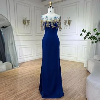 【女神婚紗禮服】奢華氣質金飾貼花透紗短袖絲絨魚尾晚禮服LA72554皇家藍(選美宴會敬酒 高階晚禮服)