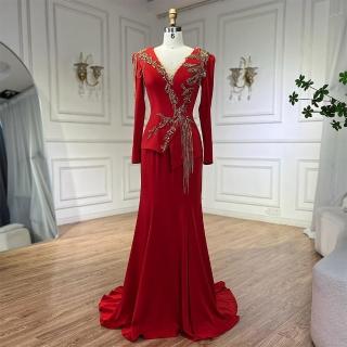 【女神婚紗禮服】奢華優雅流蘇串珠深V西裝喜慶魚尾晚禮服LA72558寶石紅(選美宴會敬酒 高階晚禮服)