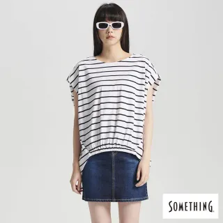 【SOMETHING】女裝 條紋包袖針織短袖T恤(丈青色)