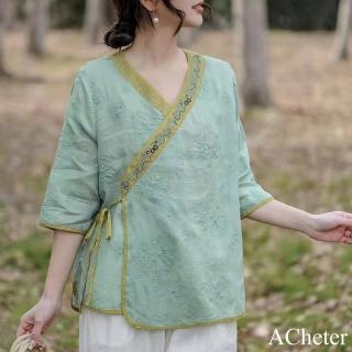 【ACheter】優雅刺繡滾邊斜襟盤扣中袖上衣中國風復古茶服短版上衣#122252(白/磚紅/綠)