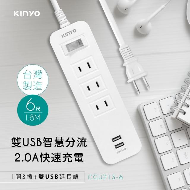 【KINYO】1開3插+雙USB延長線 1.8M(CGU213-6)