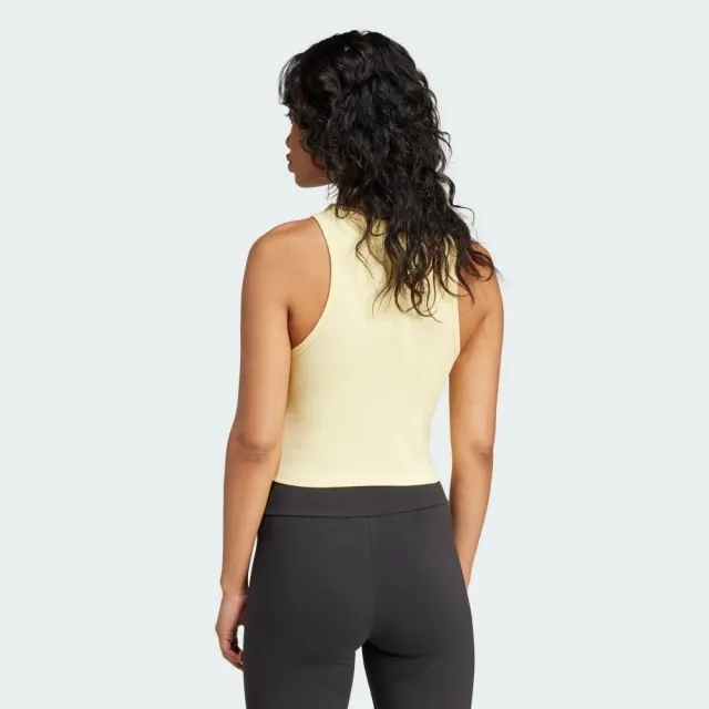 【adidas 愛迪達】ESS RIB Tank 女 背心 運動 休閒 三葉草 羅紋 修身 流行 鵝黃(IY9650)