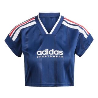 【adidas 愛迪達】W TIRO NP CRO T 女 短版 短袖 上衣 足球風 V領 休閒 修身 深藍(IZ2090)