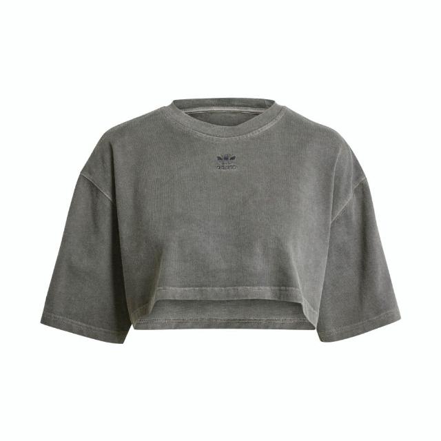【adidas 愛迪達】ESS+ CROP TEE 女 短版 短袖 上衣 休閒 寬鬆 柔軟 舒適 深灰(IT9883)