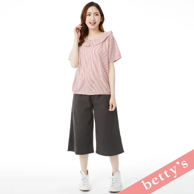 【betty’s 貝蒂思】復古直條紋荷葉邊領短袖上衣(紅色)