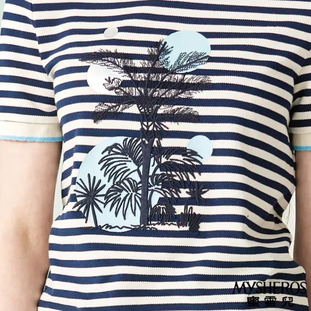 【MYSHEROS 蜜雪兒】造型T恤上衣 棉質混紡微彈舒適 立體月樹橫條紋設計(米)