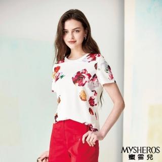 【MYSHEROS 蜜雪兒】造型T恤上衣 側抽繩設計 繽紛花朵印花(白)