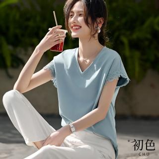 【初色】法式V領落肩寬鬆蕾絲設計短袖T恤上衣女上衣-藍色-35342(M-3XL可選)