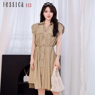 【Jessica Red】寬鬆休閒綁帶條紋短袖洋裝R43711