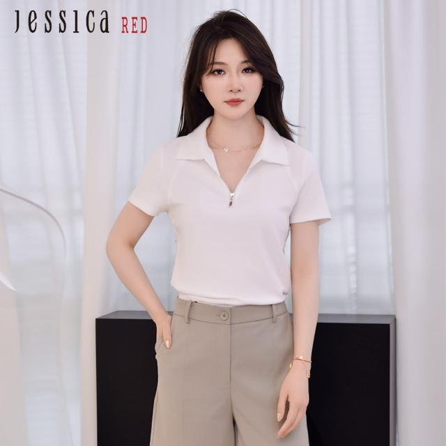 【Jessica Red】修身百搭彈力棉拉鏈短袖T恤R43602（白）